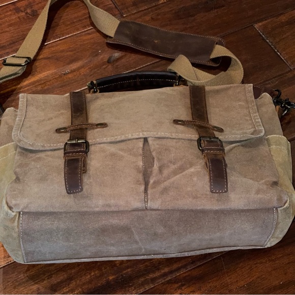 Newhey Messenger Briefcase Leather Waved  Canvas  Large 15.6" Brown - Picture 12 of 16